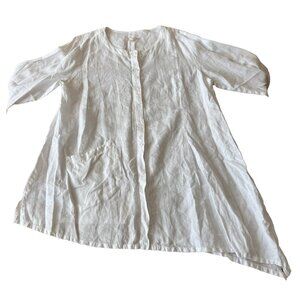 Kleen White 100% Linen Button Tunic Asymetrical Large Lagenlook Coastal Shirt